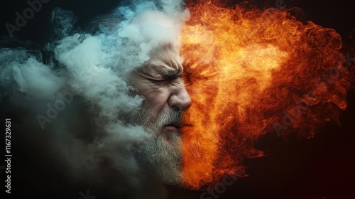 This captivating image illustrates the powerful duality of fire and ice through expressive faces, embodying the internal struggle and contrast of human emotions.