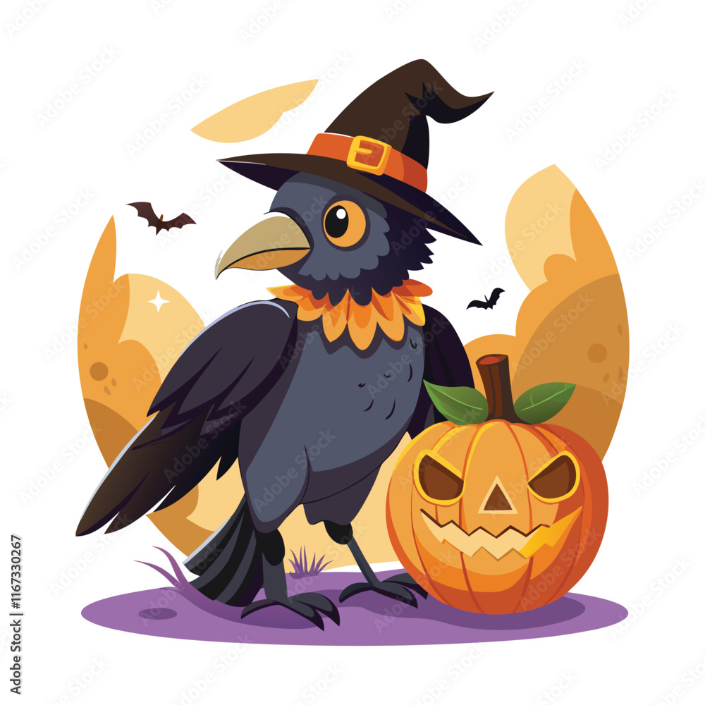 Fototapeta premium Illustration of Halloween Crow And Pumpkin