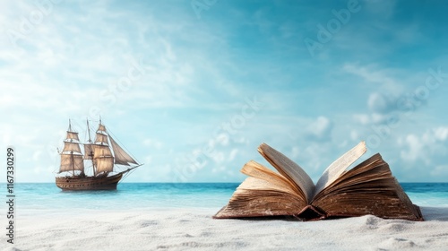 A serene scene depicting an open book resting on sandy shores, with a majestic sailing ship on the horizon, creating a picturesque connection between literature and adventure. photo