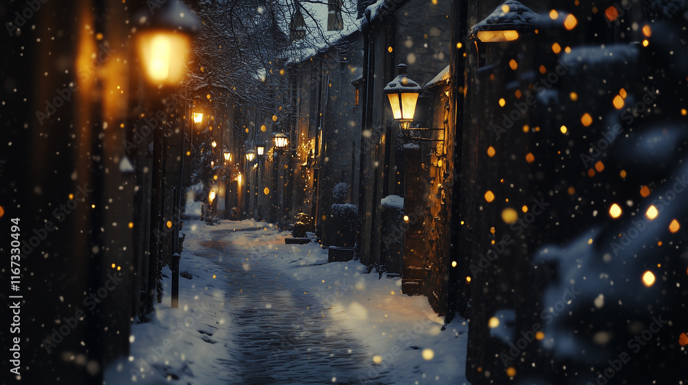 A close-up of snow-covered cobblestones in an old European alleyway, with glowing streetlights reflecting off the snow A close-up of snow-covered cobblestones in an old European alleyway, with glowing streetlights reflecting off the snow