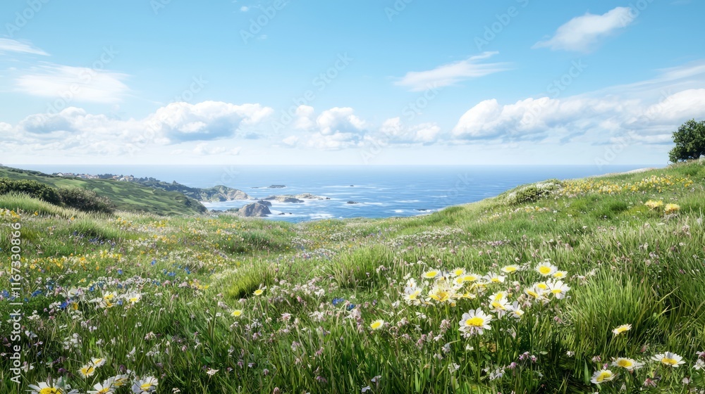 Obraz premium Tranquil Coastal Serenity: Photorealistic Landscape with Rolling Hills, Wildflowers, and Panoramic Ocean View