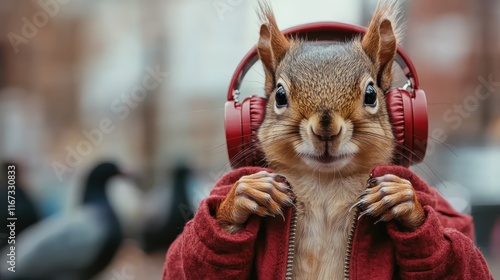 This whimsical image features a cheerful squirrel in a red hoodie and headphones, showcasing a playful interaction between nature and modern technology. photo