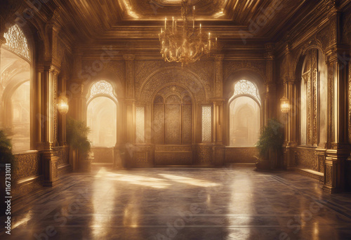 A realistic fantasy interior of the palace golden palace castle interior Fiction Backdrop