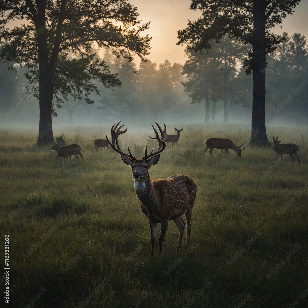 Obraz premium Photograph a deer’s shadow falling on a misty meadow.