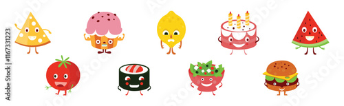 Cute Food Product with Smiling Face Vector Set