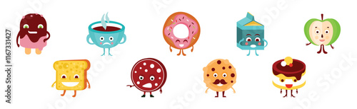 Cute Food Product with Smiling Face Vector Set