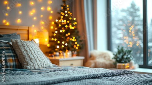 Cozy Christmas Bedroom with Decorated Tree and Winter View