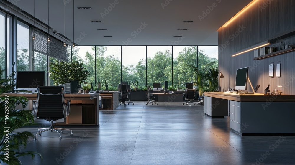 Fototapeta premium Modern Office Space with Natural Light and Greenery