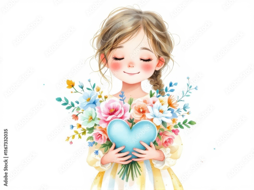 Sweet girl holding a bouquet of flowers, creating a charming and delicate illustration, great for Valentine’s Day, Mothers Day or children’s designs. Sweet girl holding a bouquet of flowers, creating a charming and delicate illustration, great for Valentine’s Day, Mothers Day or children’s designs.