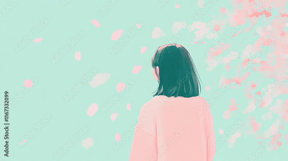 Dreamy spring pastel illustration featuring a girl in vivid attire amidst blossoming petals Dreamy spring pastel illustration featuring a girl in vivid attire amidst blossoming petals