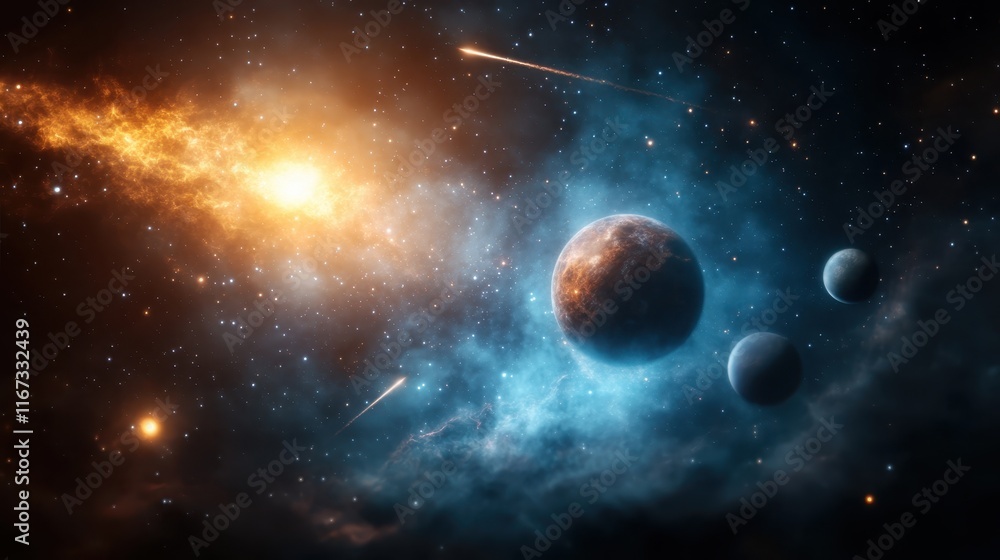 This cosmic artwork features distant planets intertwined with vibrant stars and dynamic gases, highlighting the raw beauty of the universe and its many mysteries. This cosmic artwork features distant planets intertwined with vibrant stars and dynamic gases, highlighting the raw beauty of the universe and its many mysteries.