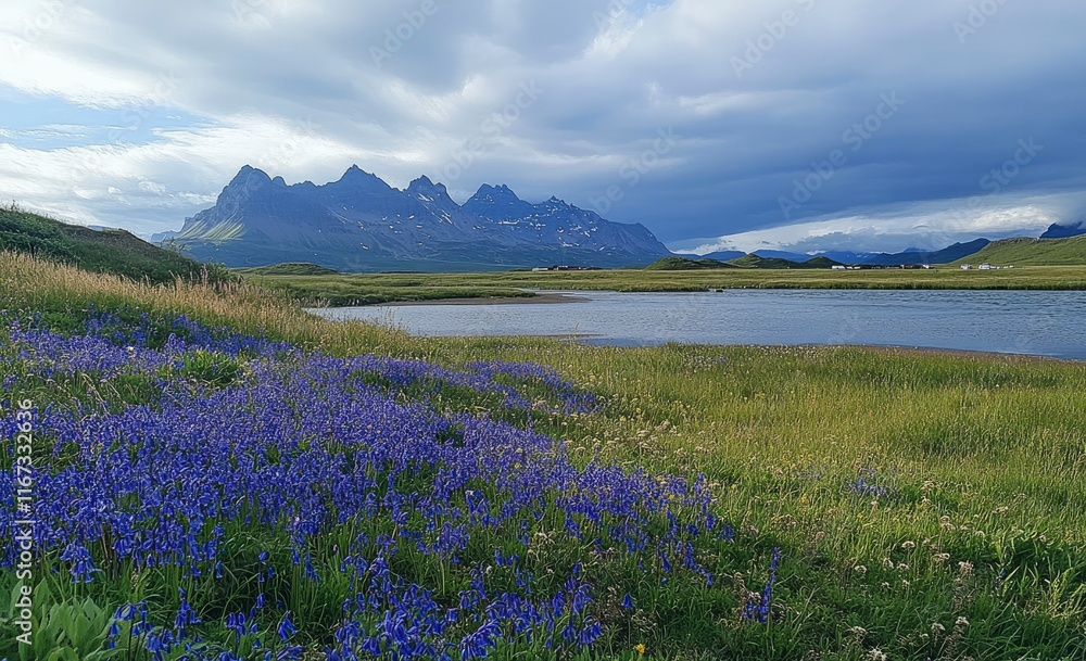 Photo of Stokksnes with Vestrahorn mountain in the background, taken during the summer with bluebells and purple flowers on the grass near the water, captured during the golden hour Photo of Stokksnes with Vestrahorn mountain in the background, taken during the summer with bluebells and purple flowers on the grass near the water, captured during the golden hour