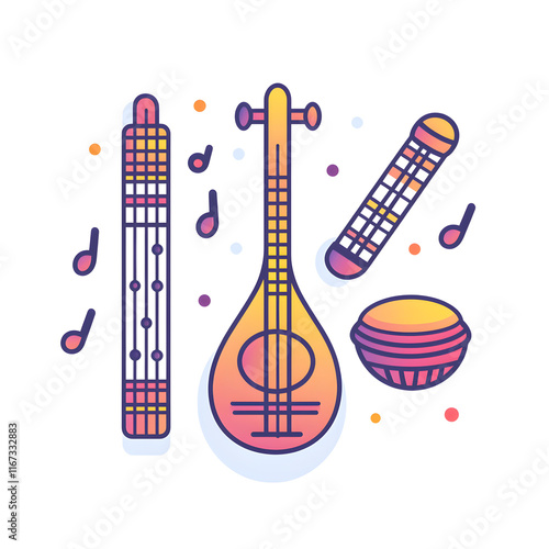 Colorful indian musical instruments with floating musical notes photo