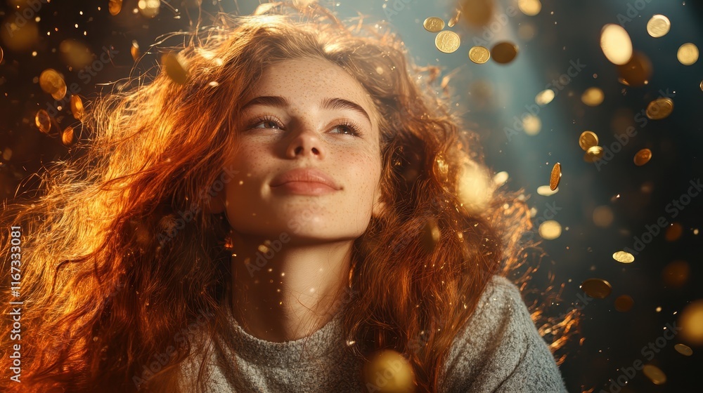 A young woman smiles blissfully as golden confetti cascades around her, symbolizing joy and happiness in a beautifully illuminated artistic setting. A young woman smiles blissfully as golden confetti cascades around her, symbolizing joy and happiness in a beautifully illuminated artistic setting.