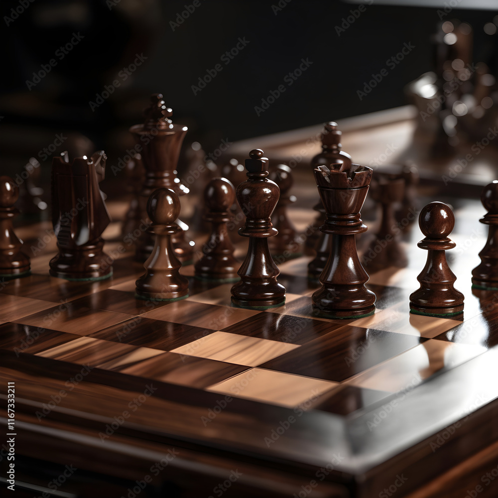 Handcrafted wooden chess pieces standing on a board, ready for a new game Handcrafted wooden chess pieces standing on a board, ready for a new game
