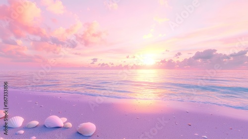 Serene Sunrise: Tranquil Beach Scene with Soft Pastel Colors and Seashells | Photorealistic Ultra-Detailed Image of New Beginnings
