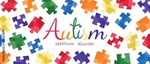 Autism spectrum disorder background banner design. Hand drawn vector illustration in flat style. Red, green, blue,yellow, purple and orange jigsaw puzzles design. Autism awareness day