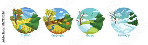 Season Weather Scene and View in Round Vector Set