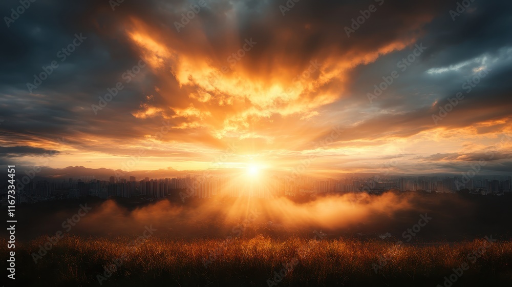 Naklejka premium This mesmerizing image captures a breathtaking sunset over a city skyline, filled with vibrant colors and dramatic clouds, evoking feelings of wonder and tranquility.