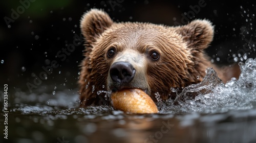 An intense moment captured as a brown bear swims vigorously in pursuit of a fish, illustrating the fierce competition found in nature and the instinctual drive to hunt. photo