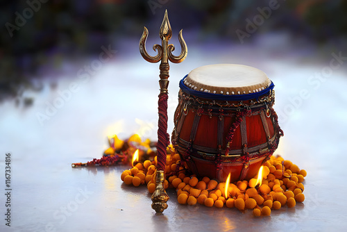 Shivaratri background with Shivas trident and Pellet Drum Damroo musical instrument . Hindu festival Maha Shivratri photo