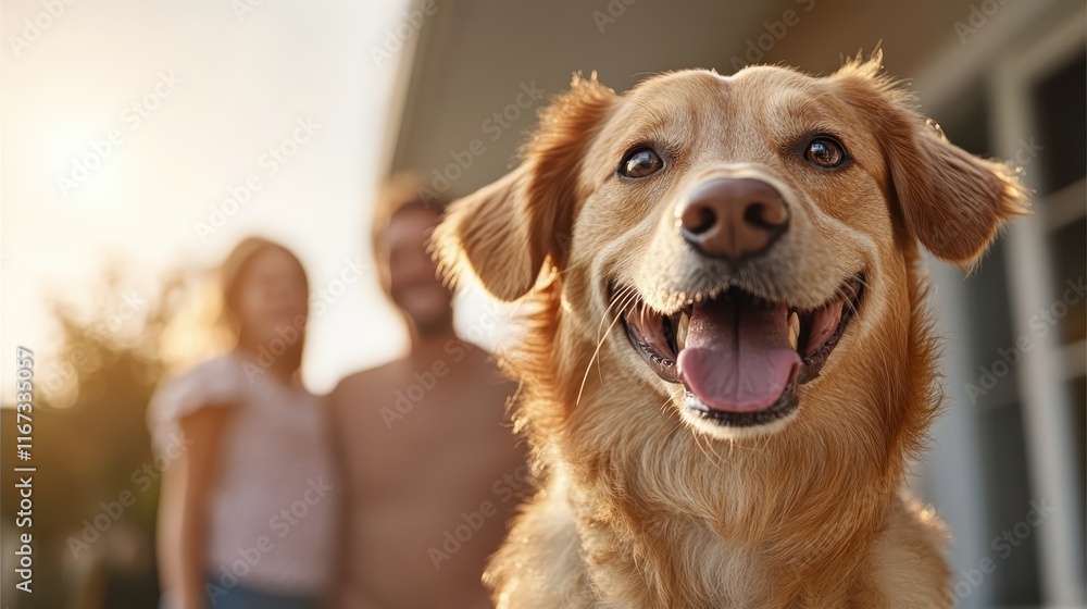 A cheerful golden retriever smiles at the camera, showcasing the joy of pets and family, set in a heartwarming atmosphere with soft sunlight streaming. A cheerful golden retriever smiles at the camera, showcasing the joy of pets and family, set in a heartwarming atmosphere with soft sunlight streaming.
