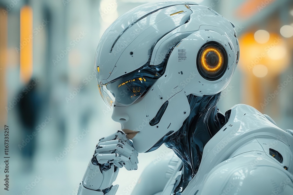 futuristic robot pondering with sleek white design and expressive features set against a luminous softfocus background suggesting creativity and intelligence futuristic robot pondering with sleek white design and expressive features set against a luminous softfocus background suggesting creativity and intelligence