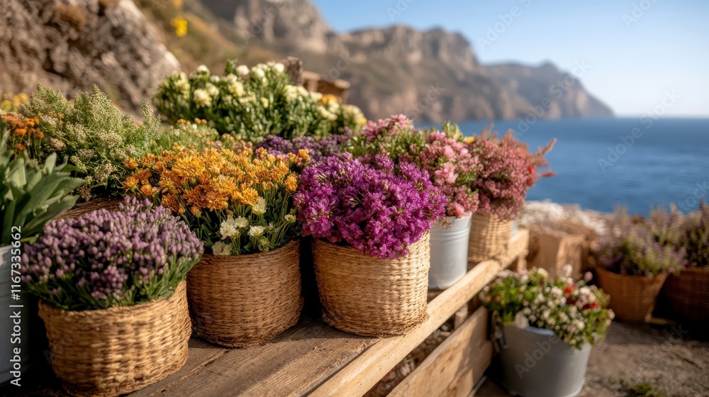 A stunning display of vibrant flowers in woven baskets along a cliffside overlooking the sparkling ocean, creating a picturesque and serene atmosphere. A stunning display of vibrant flowers in woven baskets along a cliffside overlooking the sparkling ocean, creating a picturesque and serene atmosphere.