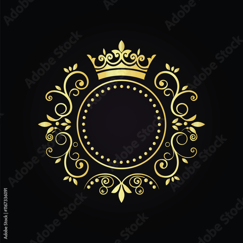 Elegant gold crown emblem with intricate floral patterns on a luxurious black background  
