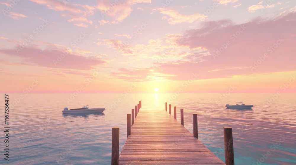 Fototapeta premium Tranquil Coastal Sunset - Photorealistic View of Wooden Pier, Boats, and Pastel Sky at Dusk