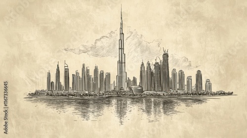 Dubai skyline sketch, cityscape, reflection, travel poster photo