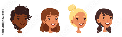 Woman Smiling Face Head with Different Hairstyle Vector Set