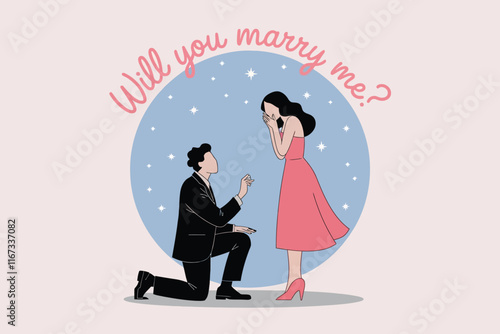 Illustration of Romantic Marriage Proposal With Couple in Elegant Outfits