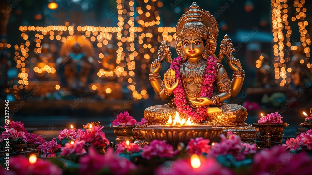 Fototapeta premium Golden statue with flowers, fire, and lights in an outdoor festive setting.