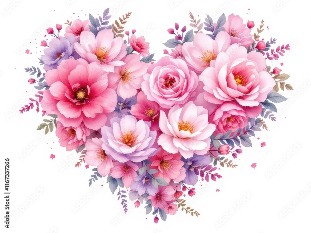 Fototapeta premium Heart-shaped composition of pink flowers, a romantic and delicate design, great for Valentine's Day or love-themed projects.