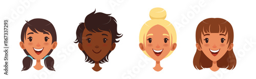Woman Smiling Face Head with Different Hairstyle Vector Set