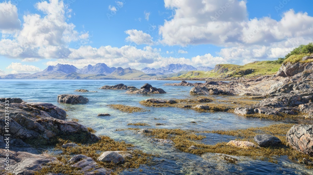 Tranquil Coastal Scene with Tide Pools, Rocky Shoreline, and Mountain View in Photorealistic Ultra-Detailed Rendering Tranquil Coastal Scene with Tide Pools, Rocky Shoreline, and Mountain View in Photorealistic Ultra-Detailed Rendering