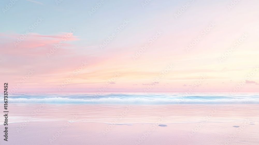 Fototapeta premium Peaceful Sunrise at Serene Beach with Soft Pastel Colors and Gentle Waves - Photorealistic Ultra-Detailed Scene with Reflective Pebbles