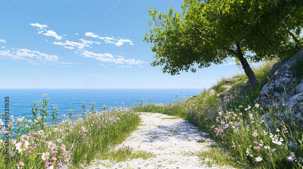 Serene Coastal Escape - Tranquil Path with Wildflowers, Ocean Panorama, and Gentle Breeze | Photorealistic Ultra-Detailed Landscape Serene Coastal Escape - Tranquil Path with Wildflowers, Ocean Panorama, and Gentle Breeze | Photorealistic Ultra-Detailed Landscape
