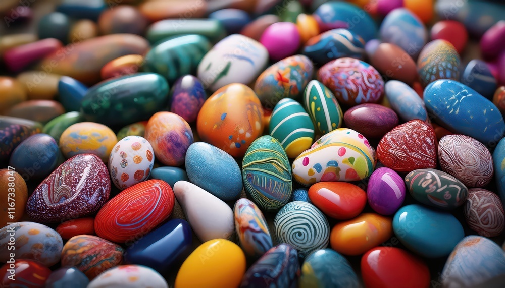 Fototapeta premium A vibrant assortment of colorful, patterned stones arranged closely together, showcasing a variety of hues and designs.