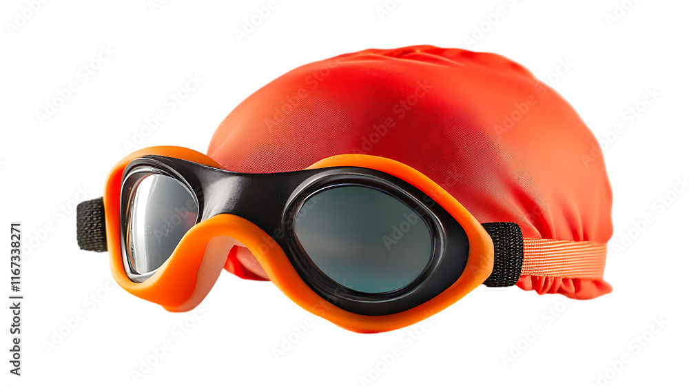 A pair of orange swimming goggles and a matching swim cap for water activities. A pair of orange swimming goggles and a matching swim cap for water activities.