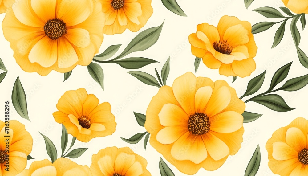 seamless repeating pattern of watercolor golden-yellow marigolds floral with hints of orange soft green leaves.
seamless repeating pattern of watercolor golden-yellow marigolds floral with hints of orange soft green leaves.