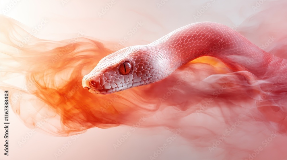 Fototapeta premium A mesmerizing image of a pink snake entwined in wisps of ethereal smoke, creating an enchanting visual that blurs the line between reality and fantasy, evoking wonder and intrigue.