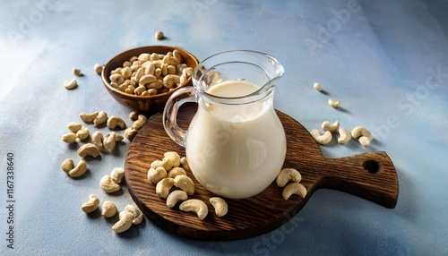cashew milk in a milk pitcher with cashew nuts