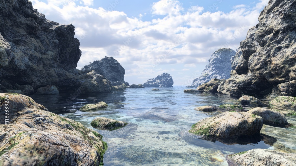 Serene Coastal Scene with Vibrant Marine Life and Smooth Stones - Photorealistic Ultra-Detailed View of Rocky Shoreline with Tide Pools and Calm Waves Creating Peaceful Ambiance