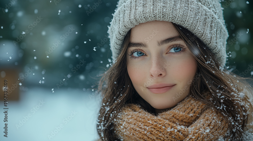 Winter portrait smiling woman in beanie enjoying snowfall outdoors Winter portrait smiling woman in beanie enjoying snowfall outdoors