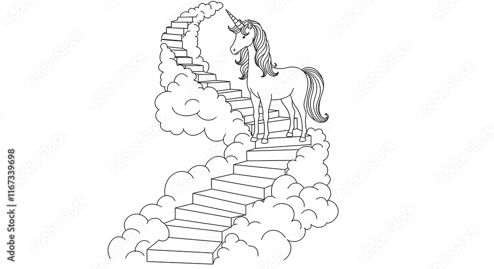 Fototapeta premium Magical unicorn on spiral stairs with clouds. Fantasy coloring drawing.