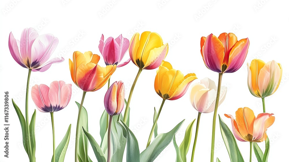 Colorful tulips in various shades, isolated on a white background. Colorful tulips in various shades, isolated on a white background.