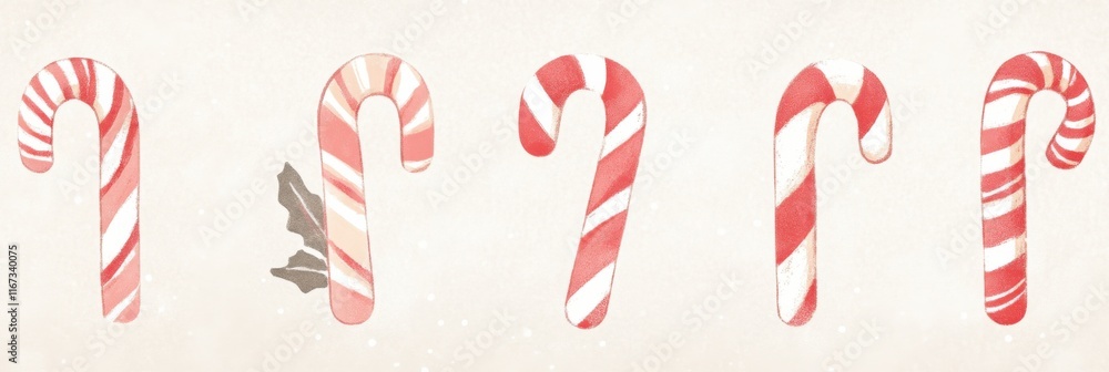 Fototapeta premium Festive candy cane collection in soft red and white hues for holiday decor and design