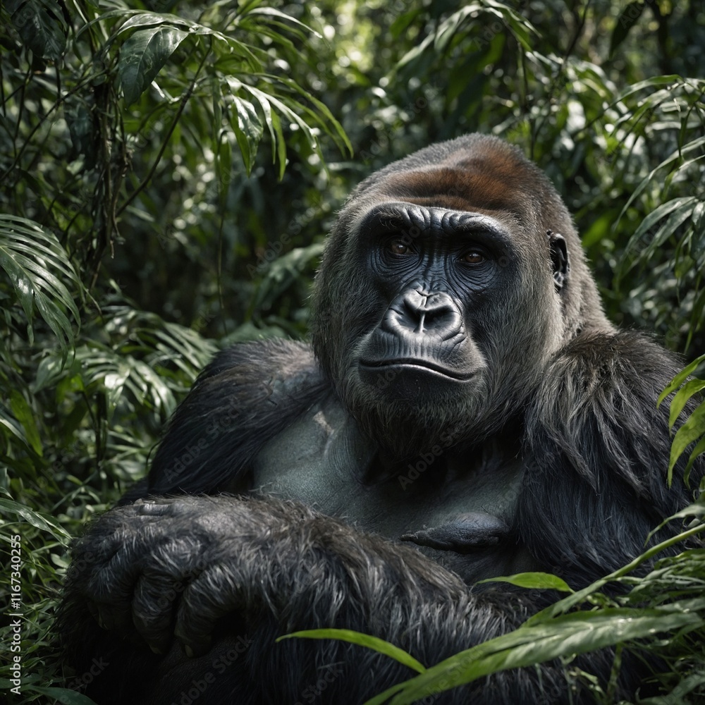 Fototapeta premium Frame a gorilla resting in a lush rainforest.